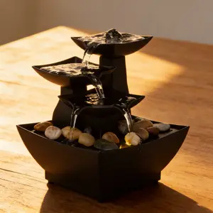 Three-Tier Waterfall Flowing Water Decorative Piece, Desktop Circulating Water Fountain, Office Tea Table Wealth Attraction Water Scene with Light