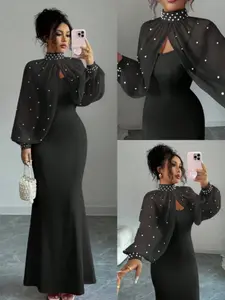 New Elegant Mature Charm Formal Evening Gown, Soft Handmade Beaded Long Sleeve Top, Beautiful Fish Tail Fitted Bodycon Halter Dress Set, Graceful Solid Dress