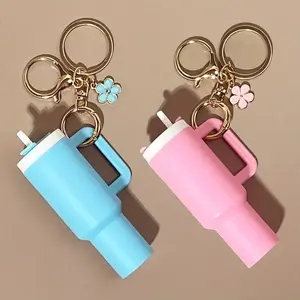 Mini Tumbler Keychain for Stanley Cup Accessories,Cute Mini Cup Flower Charm for School Bag Backpack Gir Women ，Mini Tumbler Keychain ChapstickHolder，springtok，   convenient storage Bright ，Mother's Day gifts