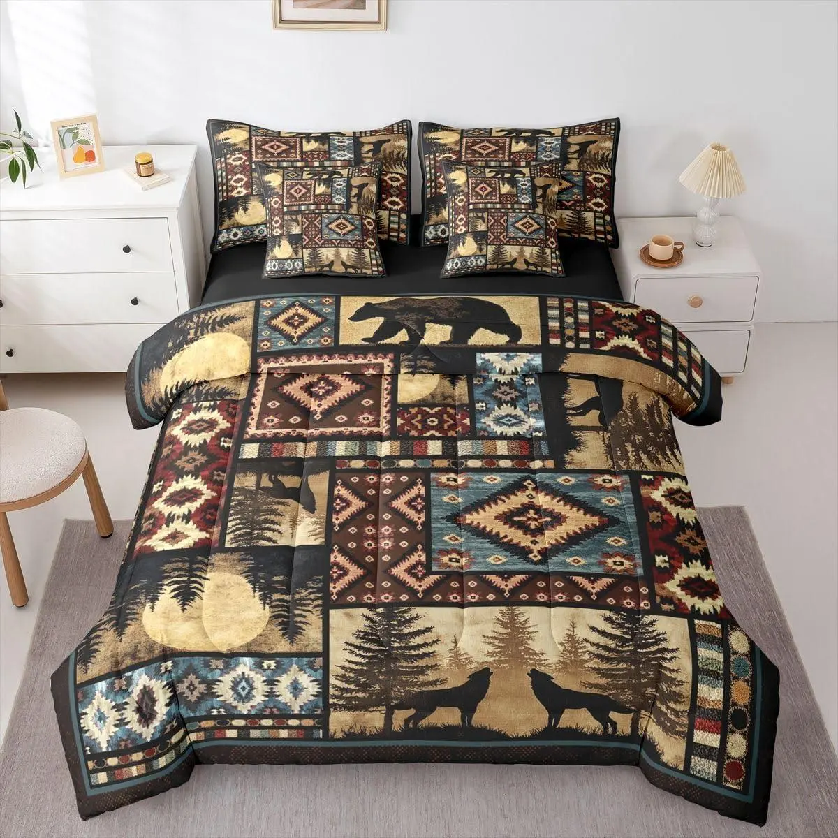 Rustic Bear 7 Pieces Bedding Set,Buffalo Plaid Checkered Comforter Set,Howling Wolf Wildlife Bed in A Bag with Flat and Fitted Sheet Country Tribal Aztec Southwest Quilt Set