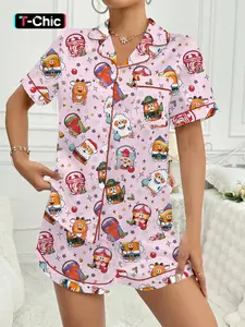Christmas Women's Vintage 90s Print Knit Shirt & Elastic Waist Shorts Set, Fit, Comfortable Short Sleeve Top, All-Season Casual Home Wear, Loungewear, Pajamas