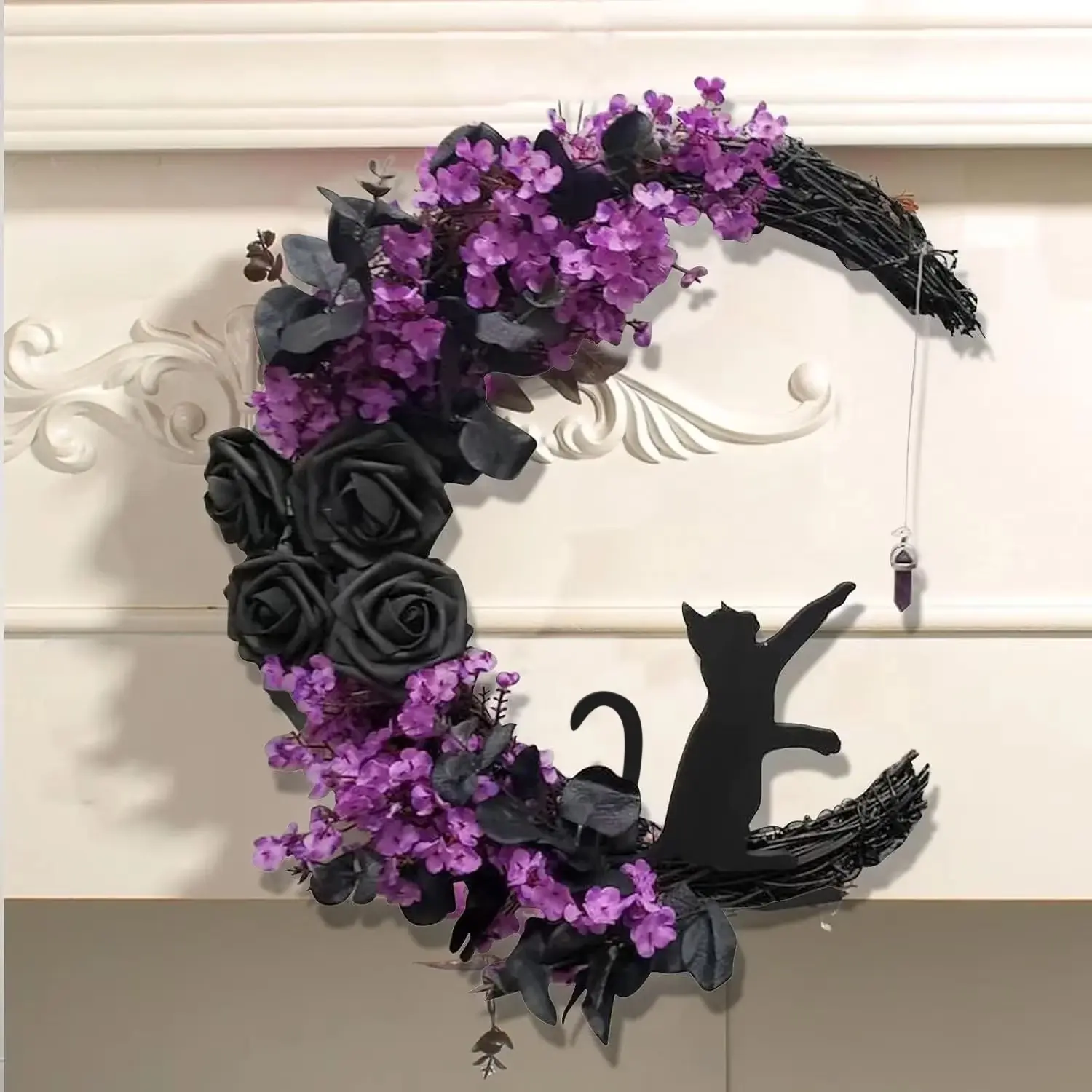 Halloween front door wreath featuring a crescent moon, a small black cat, and vines; 14-inch size.
