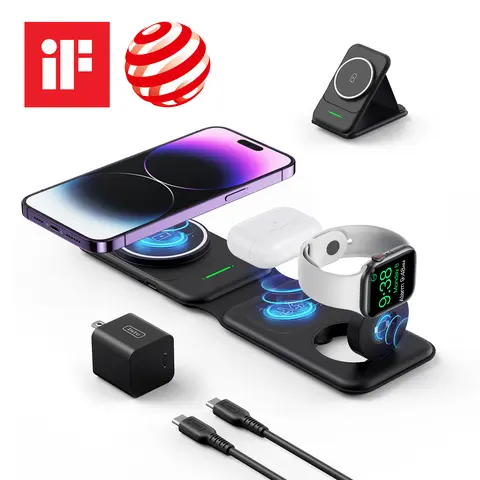 INIU 3-in-1 Fold Magnetic Wireless Charger Stand Full Kit with Adapter - Type C, Magnetic Charging Pad, Multi-Charge for iPhone 17-12 Series Pro/Max/Mini, Smart Watch, Wireless Earbuds + Lifetime Support