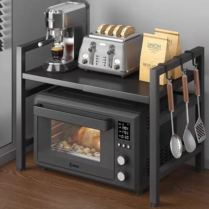 Adjustable Width & Height Microwave Stand Shelf, 2-Tier Expandable Kitchen Countertop Organizer with Hooks for Oven, Toaster, Spice Storage Home Organization Tool