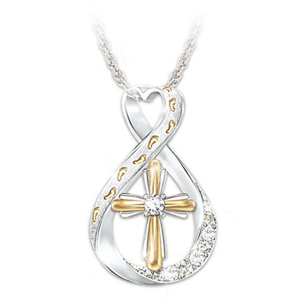 Cross Motif Necklace, 2-Tone Alloy Pendant with Footprints, Unisex Costume Jewelry on an Adjustable 45cm+5cm Chain, Cross Motif Necklaces, 20*32Mm, About 45Cm+5Cm, Alloy Clavicle Chain X1, Geometry, Metal Coating, Two-Color Cross