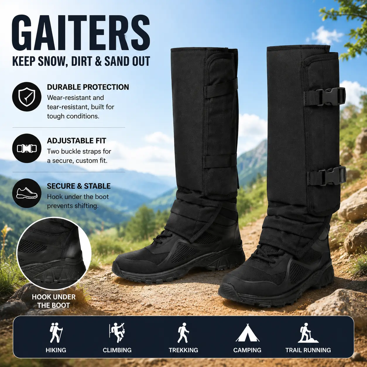 Outdoor Leg Gaiters for Hiking & Hunting – Adjustable Boot Covers Keep Dirt, Sand & Debris Out