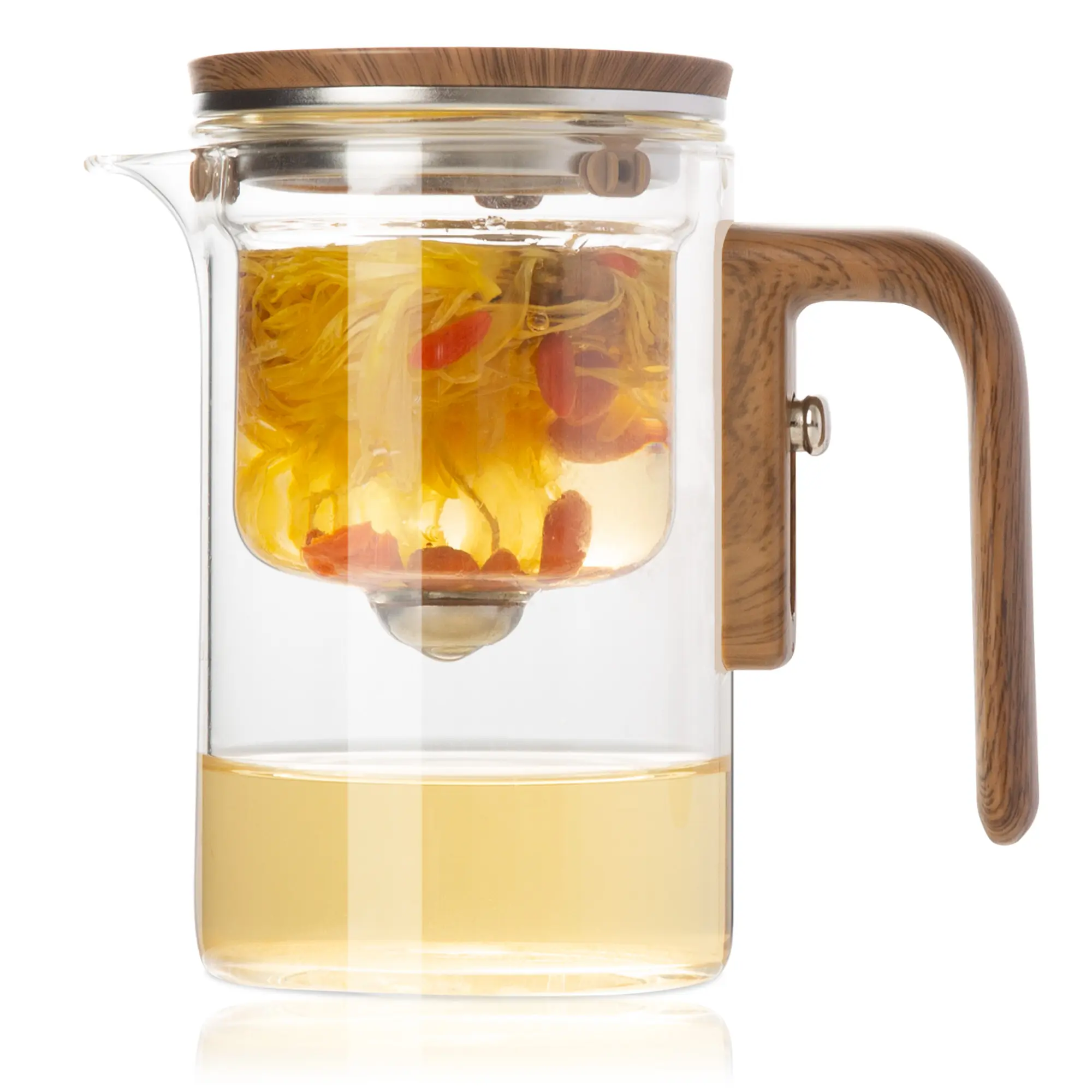 Enchanted Glass Perfect Teapot with Ergonomic Wooden-Handle Grip - Loose Leaf Tea Pot with Strainer, Press Control, Transparent Water Separation, Easy-Detach Kitchenware, See Tea Infuse, Large Capacity Serves More Guests, Exact Pour Spout, Ideal for Home
