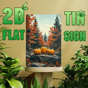 Vintage Tin Wall Art Featuring Autumn Forest Scene with Pumpkins and Fall Leaves for Rustic Home Decor