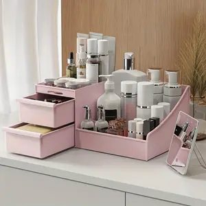 Pink plastic storage box with drawers, Makeup organizer box - Cosmetic and beauty accessory storage box Suitable for bathroom vanity, desk, bedroom