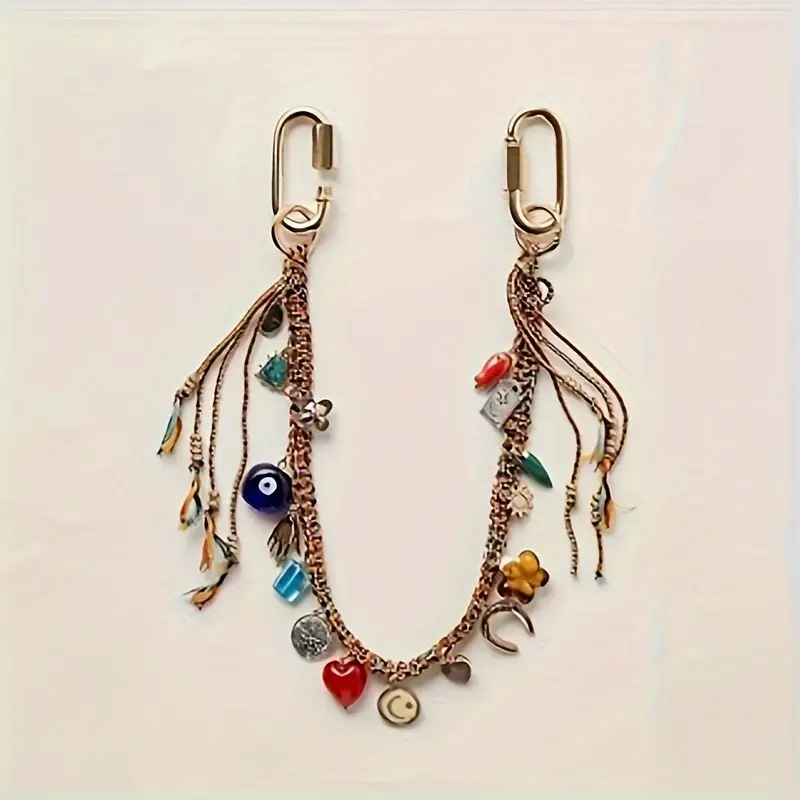 1 Freepeople Devil's Eye metal geometric heart-shaped pendant keychain - Bohemian style, with beads, accessories, and multi-color accents, durable Golden keychain, suitable for keys, bags, backpacks, Backpack Decoration, Bag Charm, Boho Chic, Handcrafted