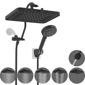 Hibbent Upgraded cUPC Certified 5-spray 13'' Shower Head, High Pressure Rainfall Shower Head, Dual Showerhead Combo with 10-mode Handheld Spray, 12'' Adjustable Extension Arm, 71'' Hose, Shower Holder, Matte Black