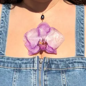 Real Purple Orchid Flower Necklace with Pearl Stones & 14k Gold Filled Chain - Unique One-of-a-kind Jewelry