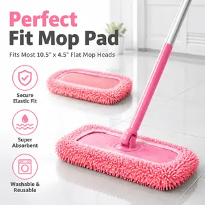 4 Pack Pink Chenille Washable Mop Replacement Pads | Wet & Dry Reusable Cloths for Standard Flat Sweeper Mop Heads, Only Pads No Mop Included