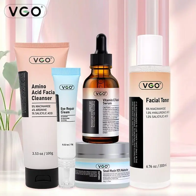 VGO SKINCARE 5-STEP ROUTINE CLEANSER + TONER + SERUM + EYE CREAM + MOISTURIZER Newly Launched,Simple All-in-One Skincare Set Hydrate vc serum Radiance Comfort Moisture Hydrating Moisturizing
