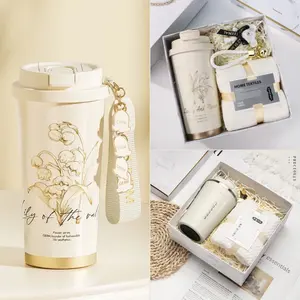 Gift for Boyfriend Platinum Gift Box with Lily of the Valley Thermos Coffee Cup Greeting Card & Gift Bag Perfect for Birthdays Parties Halloween Christmas Teacher's Day Business Essentials Set