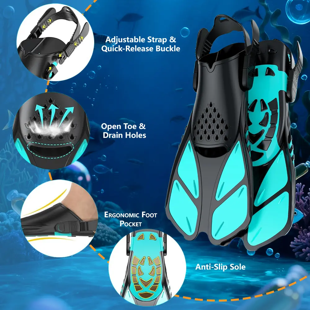 XIAOTREE Snorkel Fins Adjustable Buckles Open Heel Swim Flippers, Lightweight Non-slip Short Swim Fins for Snorkeling, Diving, Swimming, Travel – Adults Men & Women
