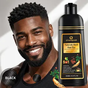 Natural Black 5-in-1 Hair Dye Shampoo for Women & Men - Instant 5-10 Minute Stubborn Gray Hair Coverage Wash-In Color - Ammonia-Free, PPD-Free & Vegan Herbal Formula with Nourishing Ginseng & Polygonum Multiflorum Cleanses, Conditions (500ml / 16.9 Fl Oz)