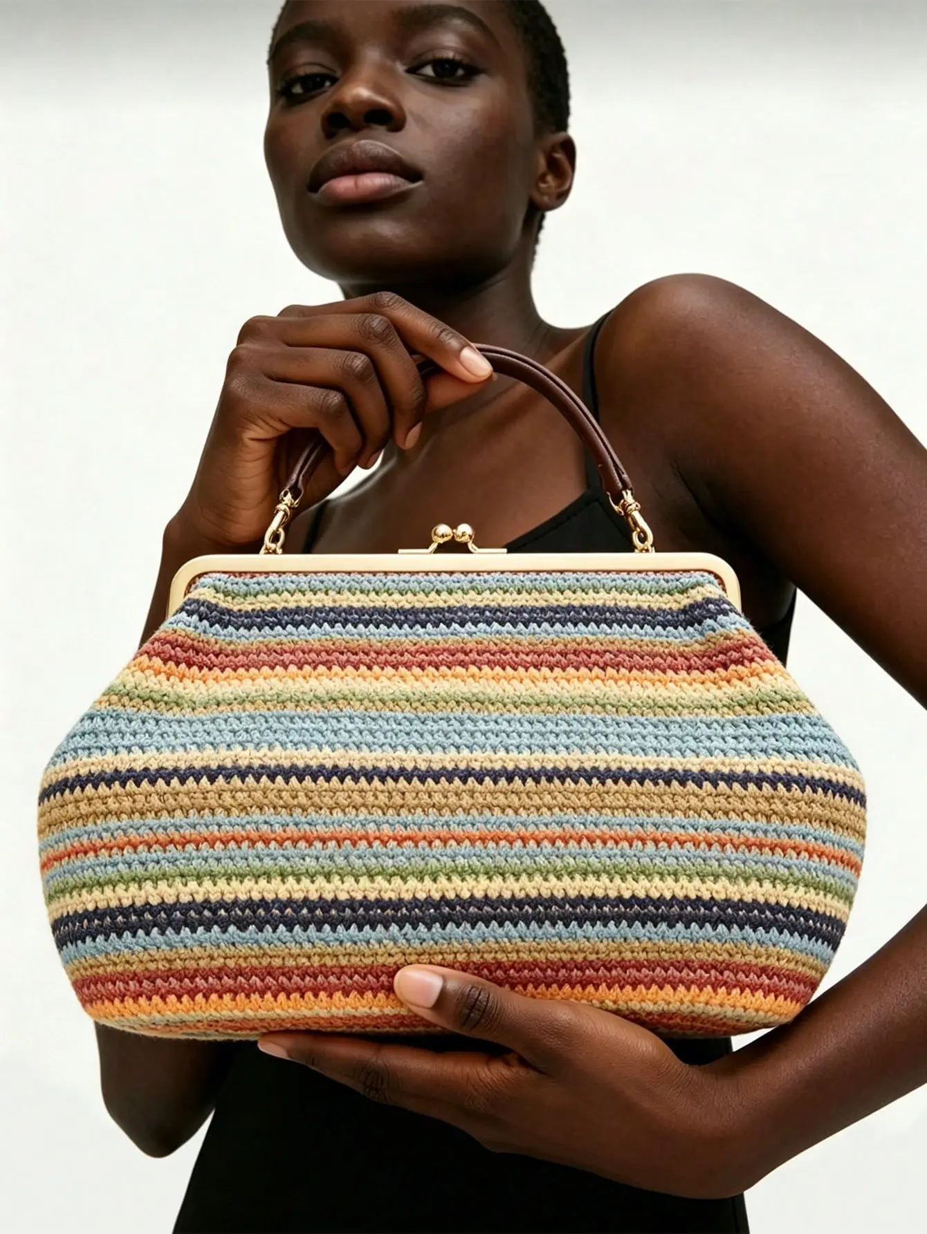 Vintage Colorful Striped Crochet Kiss Lock Summer Shoulder Bag for Women, Boho Handwoven Straw Texture Frame Purse with Detachable Leather Strap, Retro Multicolor Striped Hobo Handbag for Beach Vacation Daily Casual Outings