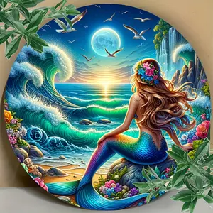 8inch Mermaid Seascape Round Aluminum Wall Decor - Vintage Coastal Style Decoration, Featuring Gorgeous Sunsets, Waves, and Flowers, Suitable for Bathroom or Beach-Themed Spaces, Mysterious Ocean Design |   Fine Gold Stamping Engraving, Mermaid Party Deco