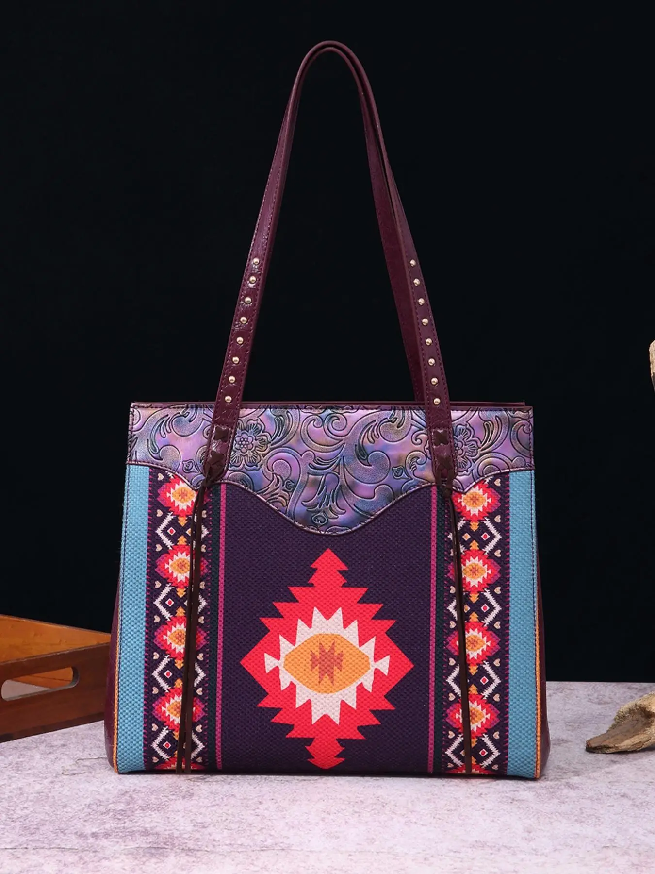 Boho Style Large Volume Tote Bag for Women As Gift, Vintage Style Geometric Ethnic Pattern Tote Bag, Portable Commuting Bag for Daily Used