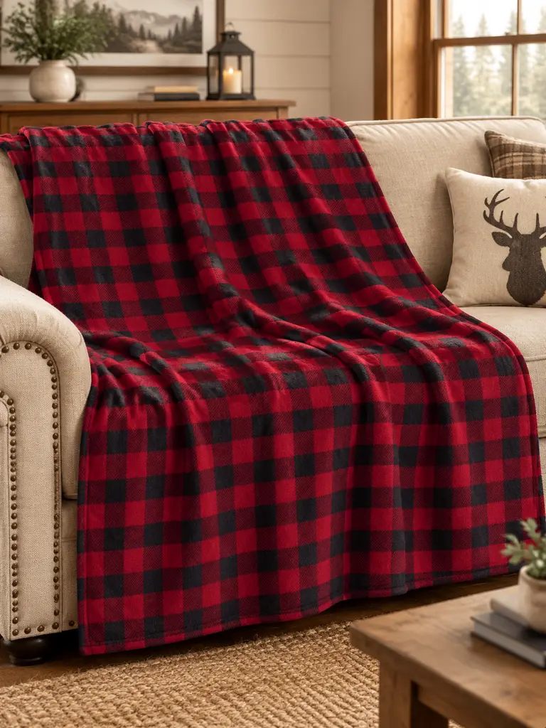 Buffalo Plaid Fleece Throw Blanket - 2-Color Rustic, Soft, Warm Blanket for Couch, Bed
