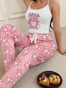 Women's Love Bear Letters "LOVE ME" Printed Camisole and Pant Pajama Set