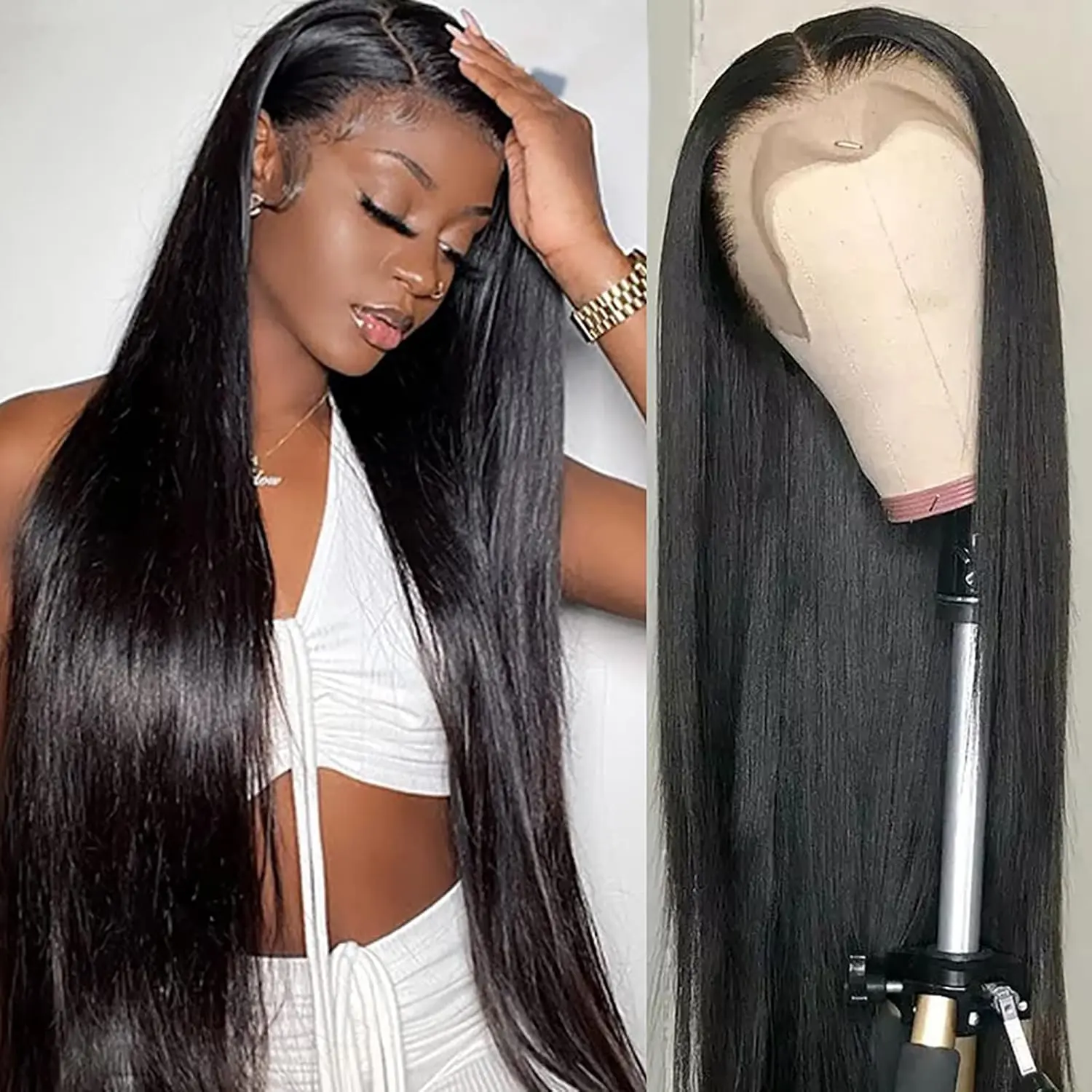 MYLOCKME Hair 30 32 inch Lace Front Wig Straight Lace Frontal Wigs Pre Plucked with Baby Hair 180% Density 13x4 13x6 Brazilian Human Hair Wigs for Black Women Natural Black Color