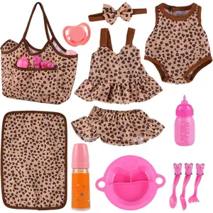 13Pcs Baby Doll Clothes and Accessories for 10-12 inch Dolls, Baby Doll Feeding and Care Set with Carry Bag, Bottles, Tableware, Baby Doll Outfit for Doll Girl Boy (Leopard Pattern)