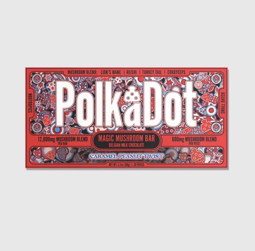 Polkadot Belgian Chocolate, 20 Count, High Potency Plant-based Mushroom Snack, Caramel Peanut Twist, 100% Organic, High-Quality Ingredients, Made in USA, All Natural, Healthy Chocolate, 20 Piece Chocolate Bar