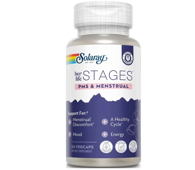 Solaray PMS & Menstrual Life Stages Support Supplement for Women - PMS Relief with Cramp Bark, Vitex Chasteberry - Hormone-Free, Vegan, Lab Verified - 24 Servings, 24 Vegetarian Capsules - 60-Day Guarantee