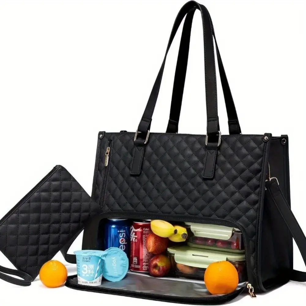 LOXOMU Lunch Tote Bag for Women, 15.6 Inch Laptop Bag with Insulated Lunch Compartment, Quilted Large Capacity Computer Handbag with Purse for Business, Work, Nurse, Office, Collage, Casual