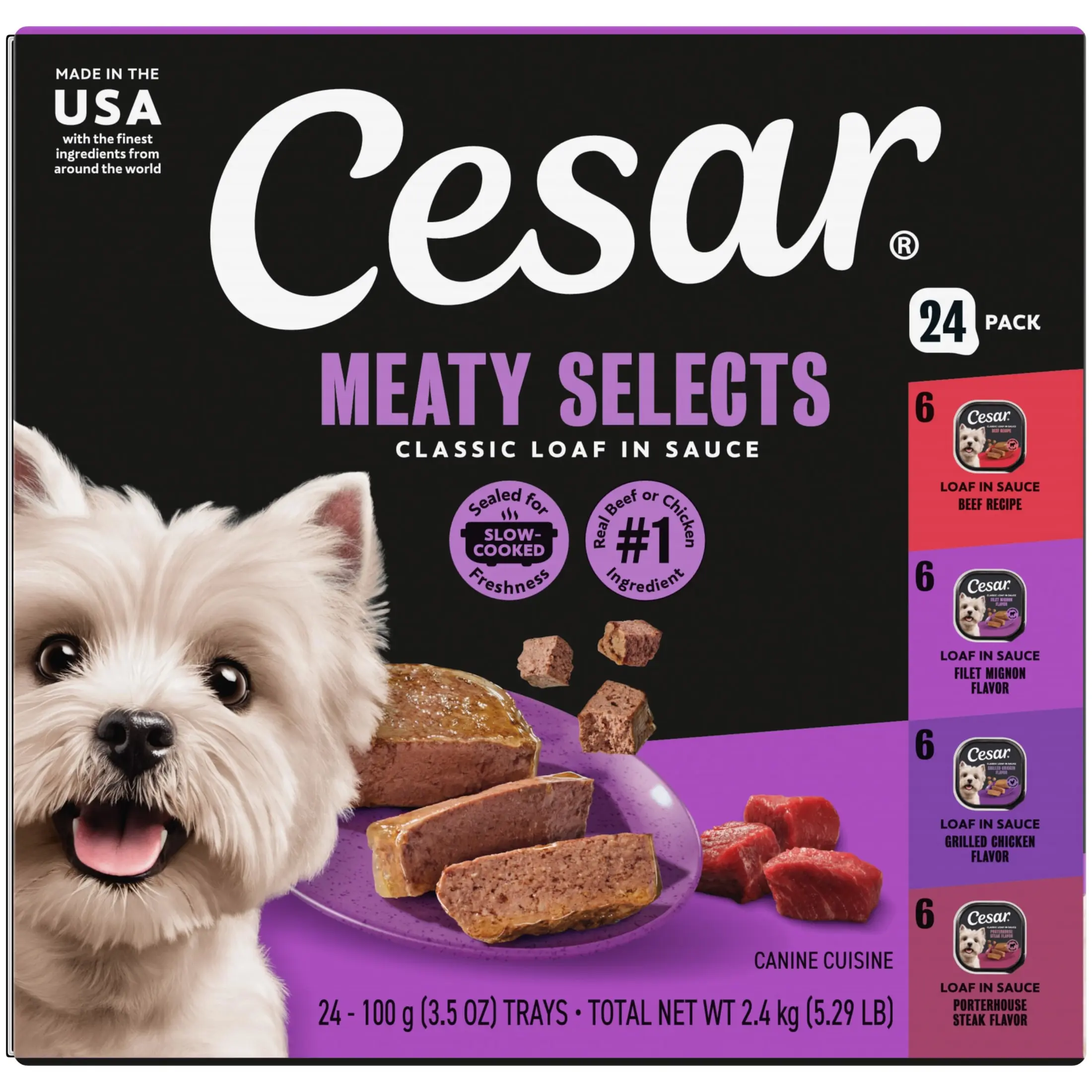 Cesar Loaf In Sauce Adult Wet Dog Food Variety Pack For Complete Balanced Nutrition Beef Chicken 3.5 Oz 24 Trays