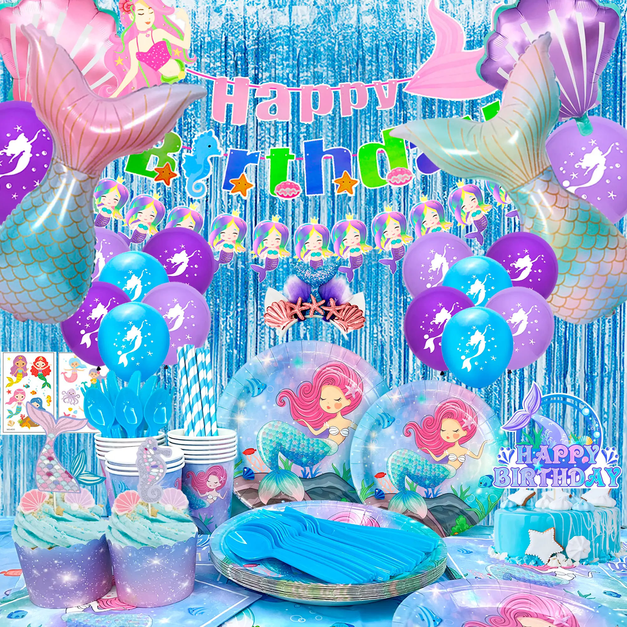 Mermaid Birthday Party Supplies, 202pcs Mermaid Birthday Decorations & Tableware Set - Mermaid Balloons Banners Plates Cups Napkins Tablecloth etc Mermaid Party Decorations for Girls Kids (Serves 16)