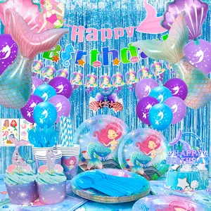 Mermaid Birthday Party Supplies, 202pcs Mermaid Birthday Decorations & Tableware Set - Mermaid Balloons Banners Plates Cups Napkins Tablecloth etc Mermaid Party Decorations for Girls Kids (Serves 16)