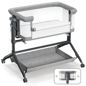 CAVEEN 3 in 1 Bassinets Bedside Sleeper, Baby Bedside Bassinets, Adjustable Height Bedside Sleeper with Rocking Mode, Breathable Full-Mesh and Mattress, Storage Basket, Wheels, Easy Assemble & Folding, Easy to Fold Portable Crib Side Bassinet, Grey