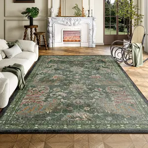 Green Persian-style living room rug; a large, exquisitely patterned rug made of faux cashmere material. Soft and comfortable, slip-resistant and durable, machine washable. Suitable for living rooms, bedrooms, dorm rooms, entryway mats, and home decor.
