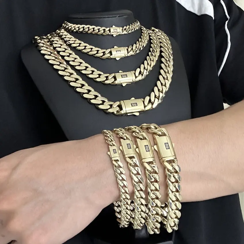 8-14MM Black S Clasp 14K Gold Cuban Link Chain Necklace Bracelet Set For Men Chunky Hip Hop Jewelry Stainless Steel Chain