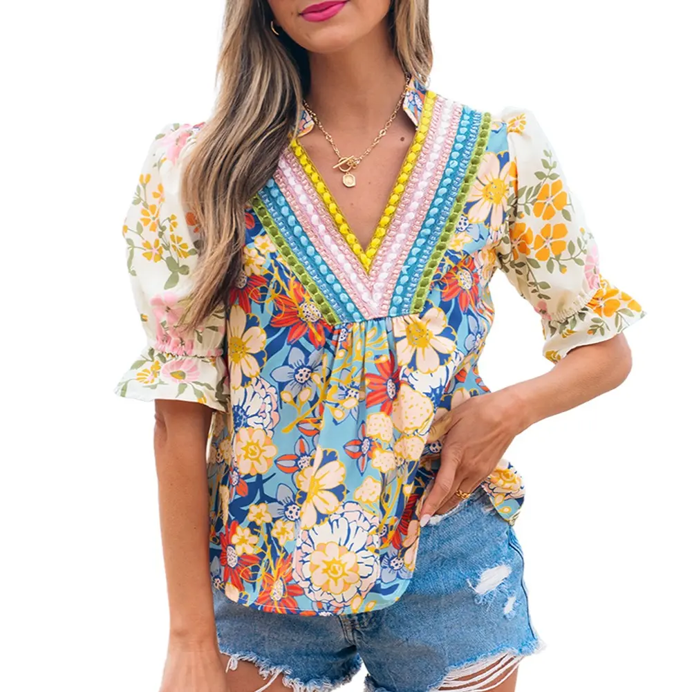 Women's Fitted Boho Floral All-Over Print Blouse - Pop V-Neck, Half-Sleeve, Crochet Embroidery, Machine Washable Casual Summer Vacation Top
