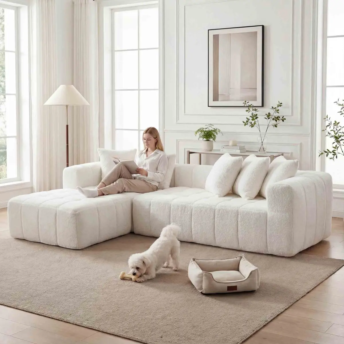 107.9" Modular Sectional Cloud Sofa Couch with L-Shape Chaise, Modern Boneless Minimalist Upholstered Couches for Living Room, Deep Seat Corner Couch, No Assembly Required (White)