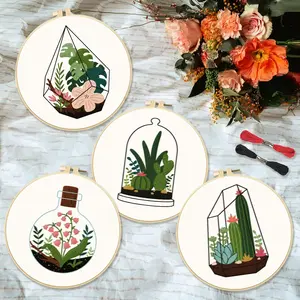 Potted Plant Pattern Embroidery Kit, 4pcs/set DIY Embroidery Kit with Random Color Accessories, Embroidery Supplies for Beginners, with Embroidery Craft