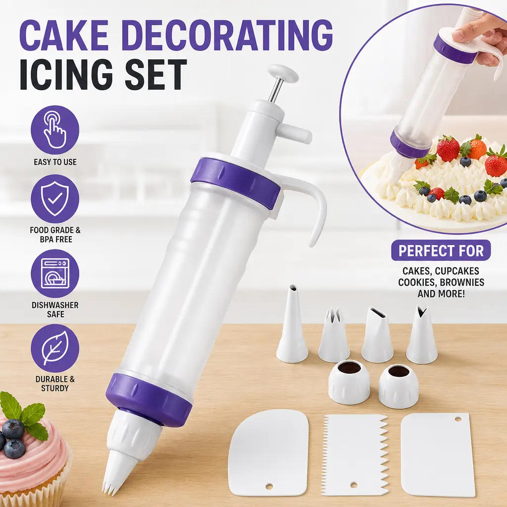 11-Piece Non-Stick Reusable Plastic Cake Piping Kit - Dessert Decorating Syringe Set with 5 Different Patterns Interchangeable Nozzles, 3 Cream Scrapers, Cupcake Filling Injector, Cake Decoration Tools (4.13x2.16x11 Inches, Ideal for Mother’s Day), Smooth