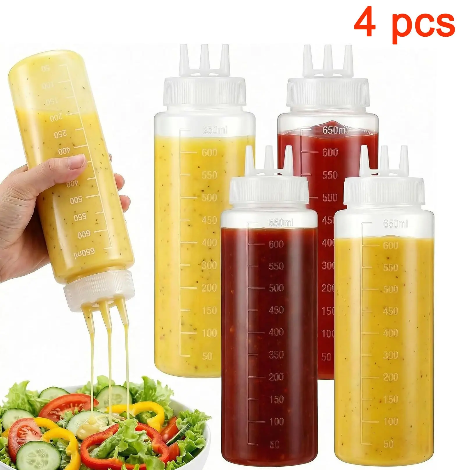 Pack of 4 Seasoning Squeeze Bottle, Syrup Dispenser, Cream Dispenser, Salad Dressing Dispenser, 3-Hole Design, Leak-Proof, Suitable for Sauces and Condiments, Ideal for Storing Oil, Seasoning Containers, Spices Containers, Kitchenware, Kitchen Gadgets.