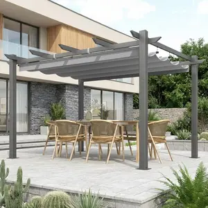 10' x 13' Outdoor Pergola with Retractable Canopy, Heavy-Duty Metal Frame and Adjustable Patio Shade Roof, Gray/Khaki
