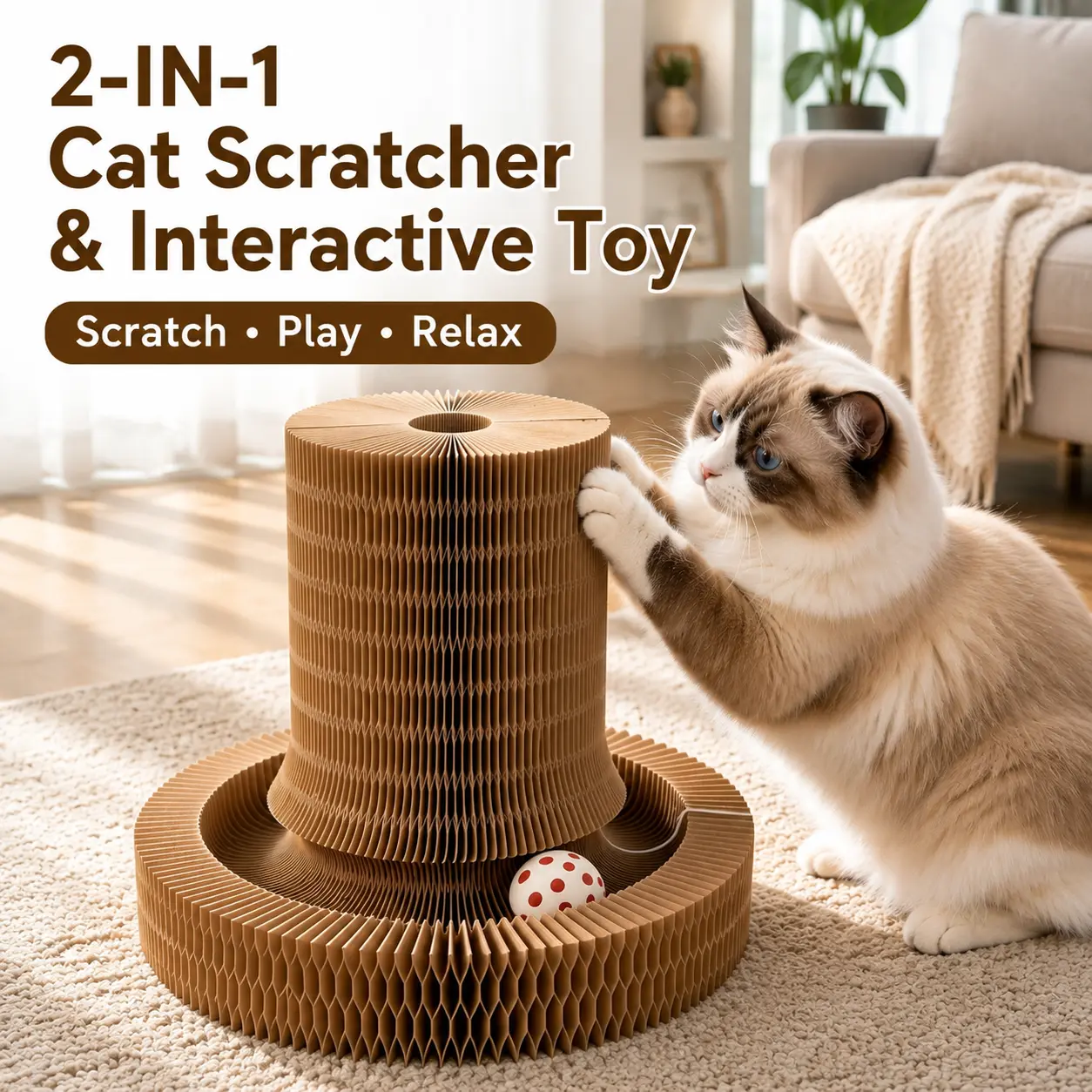 Foldable Magic Accordion Cat Scratching Board, 2 in 1 Interactive Cat Toy with Rolling Ball Track,   Pet Goods  Collapsible Space Saving Cat Scratcher Tower, Durable Corrugated Cardboard Cat Toy Protect Furniture for Indoor Kittens Cats