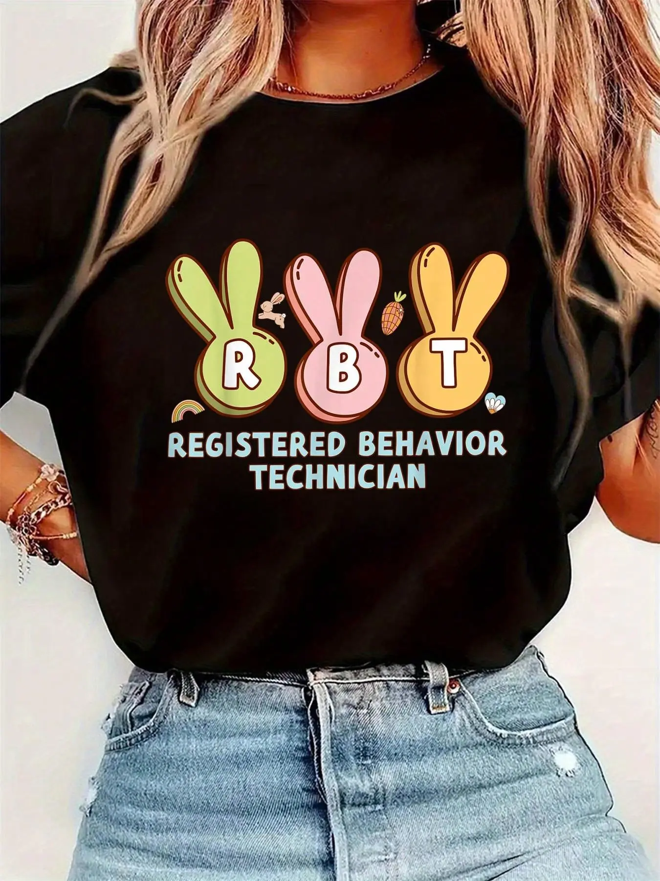 RBT Registered Behavior Technician Easter Bunny Sped Teacher T-Shirt Womens Round Neck Short Sleeve T-Shirt Fashion Grap