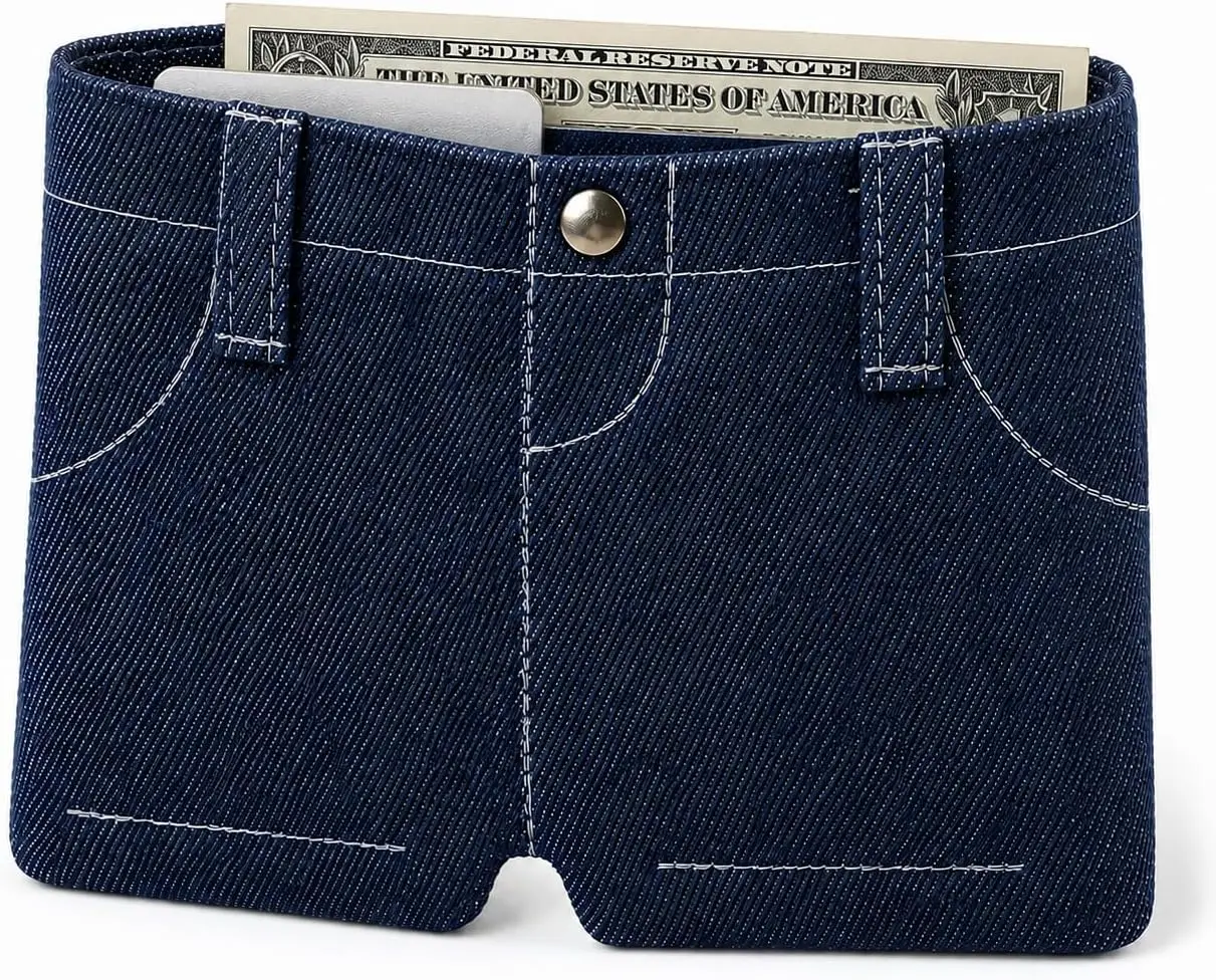 Pocket Pants Mini Jeans Wallet,Funny Jorts Style Denim Shorts Purse with 6 Card Slots for All Ages, Slim Folding Card Holder for Teens & Adults, Novelty Gag Gift for Men & Women
