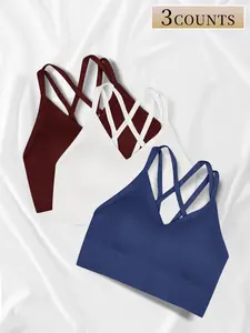 Women's Solid Color Criss Cross Back Sports Bra, Breathable Comfortable Sports Bra with Removable Chest Pad, Ladies Sportswear for Indoor Outdoor Wear