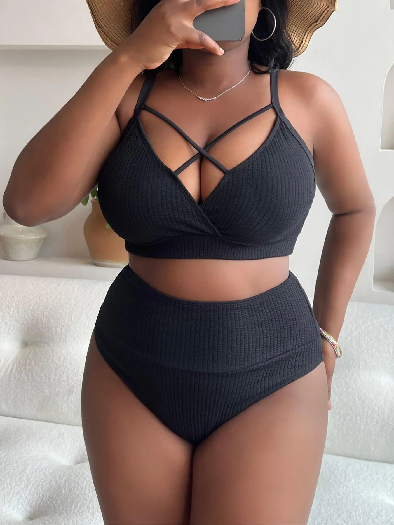 [Plus Size] Criss Cross Cut Out Bikini Set, Ribbed Bikini Sets, Bikini Swimsuit Set, Solid Adjustable Strap Swim Top & High Waist Swim Bottom, Bathing Suits, Women's Swimwear for Summer
