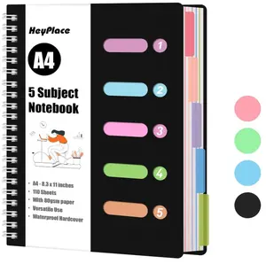 Subject Notebook Wide Ruled, 8.3x11inch Hardcover 5 Subject Lined Spiral Notebook with Dividers Tabs for School Note Taking Office Journal, 220 Pages