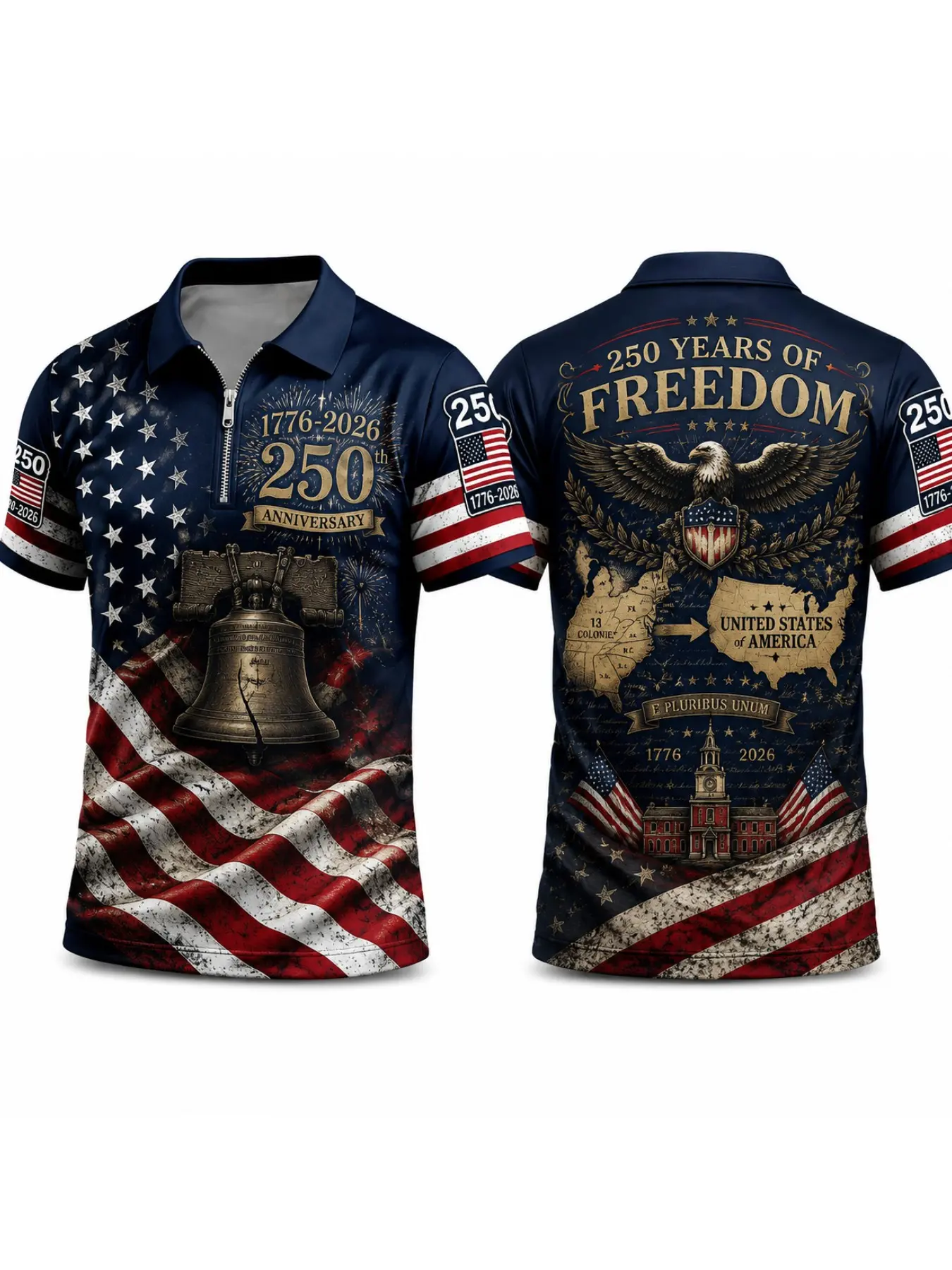 Patriotic American Flag Polo Golf Shirt for Men, 250th Anniversary 1776-2026, Sporty Fitted Design, Geometric, Ideal for 4th of July Gifts, Golf Sports Wear